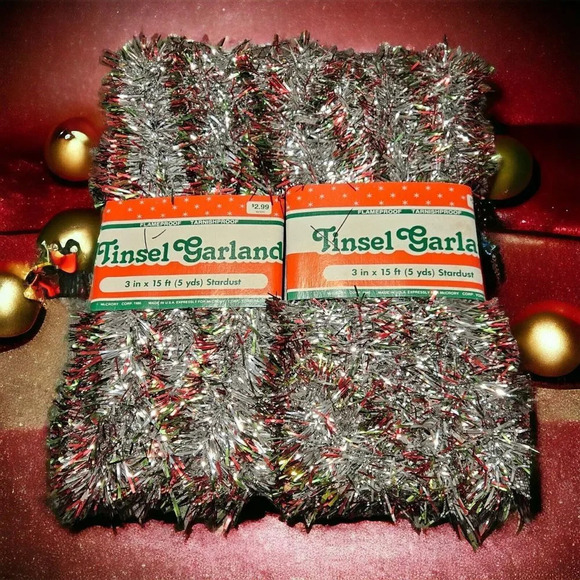 NOS Vtg Stardust Red Green Tinsel Christmas Garland 15 Ft Lot 2 Flame Resistant - Picture 1 of 5